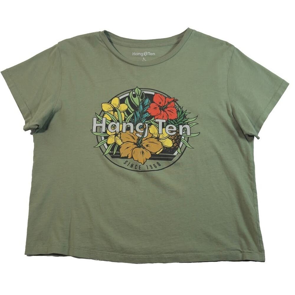 Hang Ten Women's Graphic Short Sleeve Crew Neck Tee Large Green Floral Shirt L